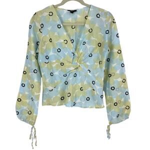 Philippe Adec Paris Small Silk Blouse Floral White Blue Side Zip